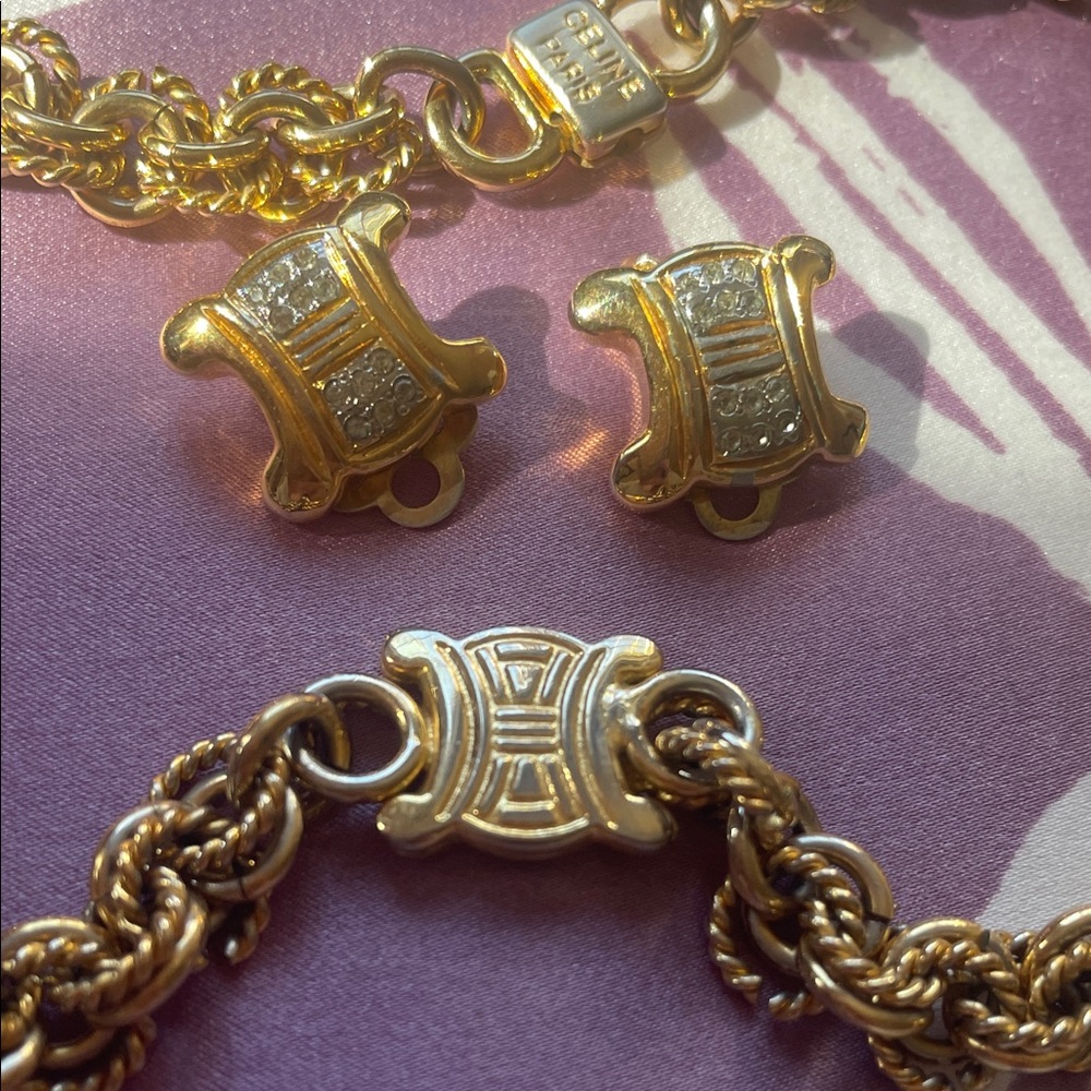 Vintage Celine Gold-tone Rope Chain Necklace with Signature clip-on earrings